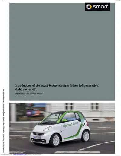Title page showing smart fortwo 451 EV introduction manual with white and green electric vehicle on road.