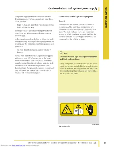 Text page describing electrical power systems and high-voltage safety warning sticker with hazard symbols.
