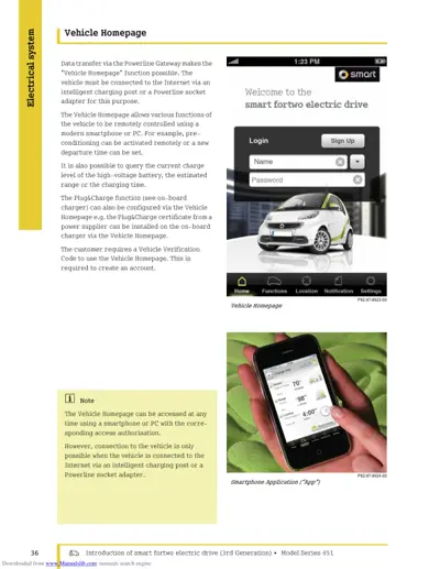 Vehicle Homepage login interface and smartphone app displaying charge status and vehicle functions.