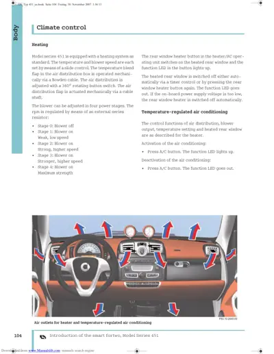 Heating and air conditioning control information with dashboard diagram showing air outlet arrows for 451 model.