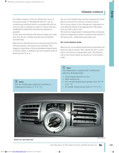 Heater and AC control panel with air distribution vents and temperature dial for smart fortwo 451.