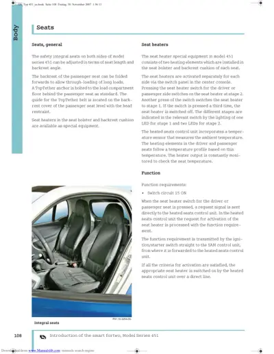 Manual page showing interior photo of two heated seats and technical description of seat features