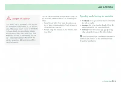 Text instructions for opening, closing, and adjusting air nozzles in vehicle interior.