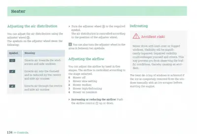 Manual page showing heater controls, air distribution symbols, airflow stages 0-4, and defrosting accident risk warning.