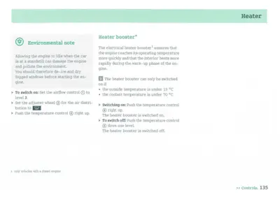 Owner manual page explaining heater booster function, switching on/off procedures, and environmental notes.