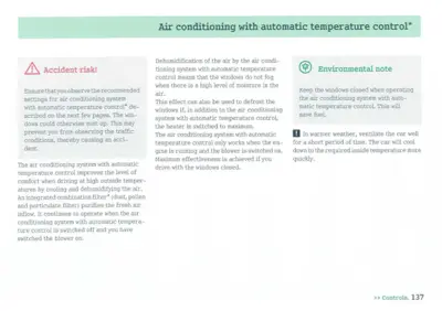 Manual page explaining automatic climate control system features, accident risk warning, and fuel-saving environmental guidance.