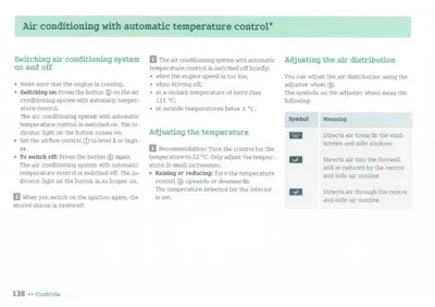 AC system control instructions: switching on/off, temperature adjustment, and air distribution settings.