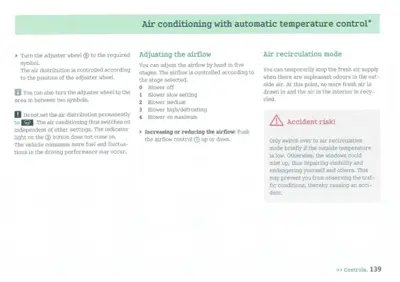 Owner manual page explaining AC airflow adjustment, blower stages 0-4, and air recirculation safety warnings.