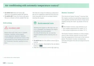 Text page explaining AC automatic temperature control, defrosting safety, environmental notes, and heater booster function with operation steps.