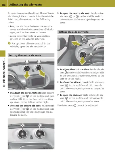 Dashboard air vent adjustment procedures with two centre vents and two side vents labelled 1 and 2.