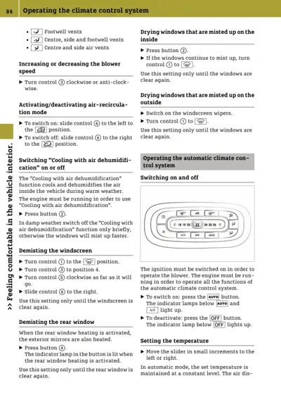 Text page describing climate control operation with numbered control buttons and adjustment procedures.