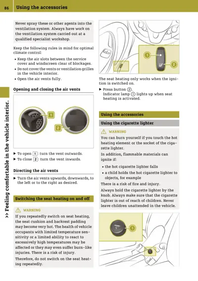 Owner manual page showing seat heating button, air vent adjustment diagrams, and cigarette lighter safety instructions.