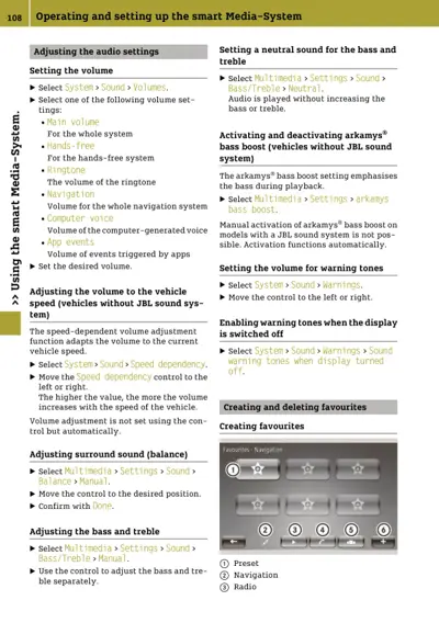 Owner manual page showing audio system settings and menu navigation for smart Media-System.