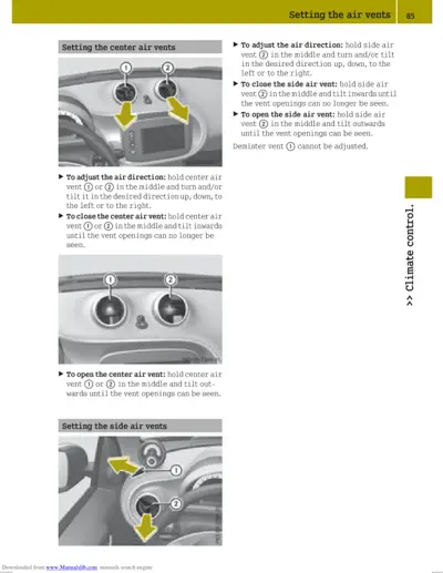 Dashboard air vents with numbered callouts showing adjustment directions for climate control.