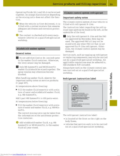 Page 211 showing climate control refrigerant safety notes, windshield washer system guidelines, and refrigerant instruction label location.