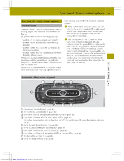 Climate control panel diagram showing button positions and their functions numbered 1-10.