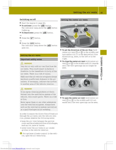 Dashboard center air vents with two circular controls labeled 1 and 2, shown in open and closed positions.