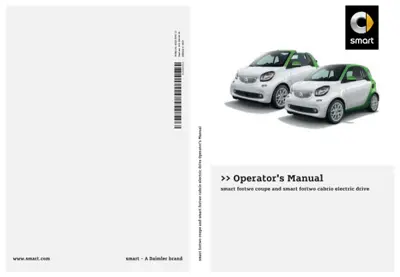 Smart brand logo with two white and green electric fortwo vehicles, manual title, and barcode.