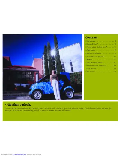 Table of contents showing sun visors, roof, heating, ventilation, air conditioning, wipers, and seat heaters.