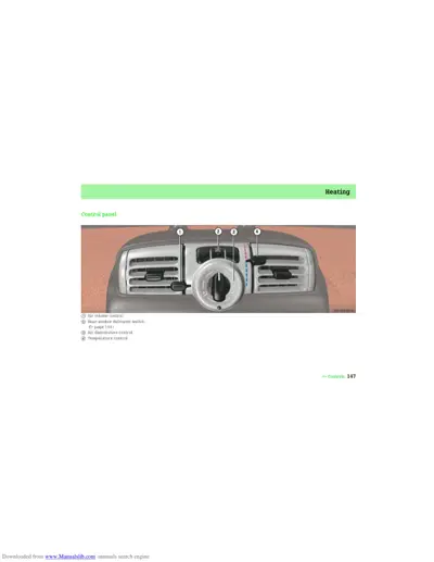 Dashboard heating control panel with four numbered callouts on dashboard vents and controls.