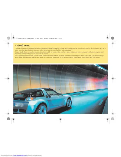 Blue Smart Roadster 452 with door open in contemporary building with curved metal walls.