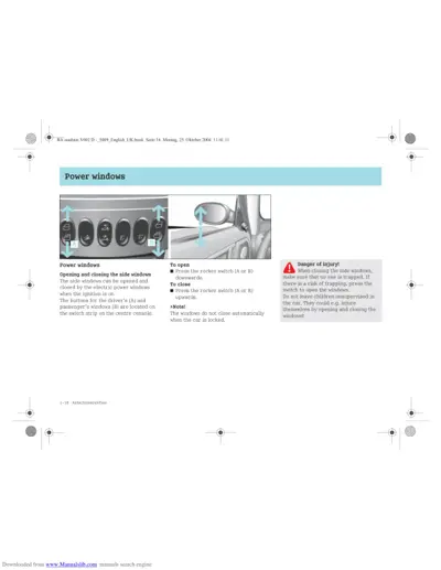 Power window controls on dashboard and door panel with operating instructions and safety warning.