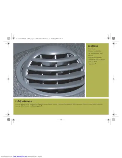 Close-up of oval dashboard air vent with horizontal louvers and green contents panel listing climate options.