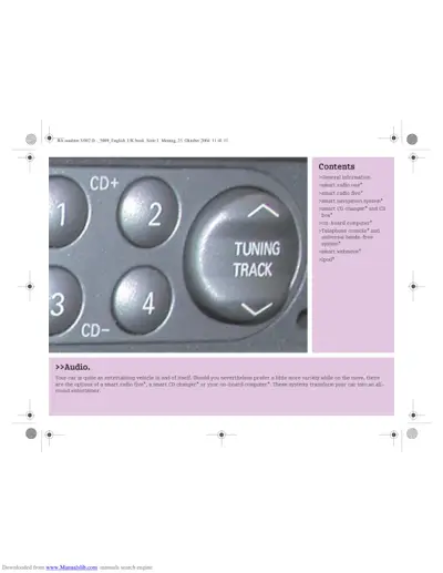 Table of contents for audio systems including radio, CD changer, navigation, and entertainment options.