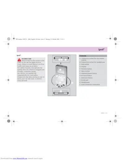 iPod diagram showing labeled controls A through L with safety warning about distracted driving.