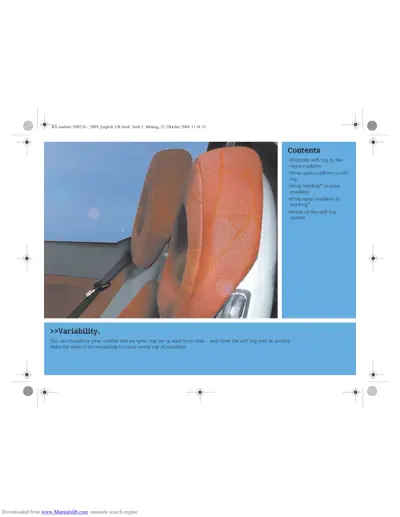 Soft top roof mechanism displayed with contents menu listing deployment procedures.