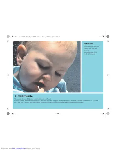 Contents page for child restraint systems with photo of child and safety information.