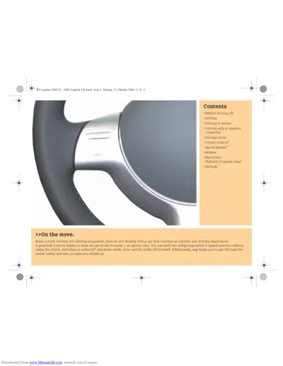 Contents page with steering wheel image and list of driving sections including brakes, ESP, airbags.