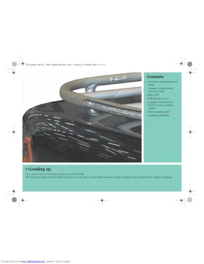 Roadster with roll bar visible, contents page listing storage compartments and loading guidelines.