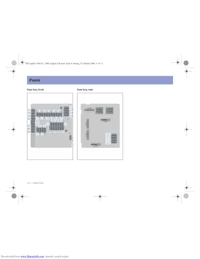 Two fuse box diagrams showing fuse positions numbered 1-44 in front box and 32-35 in rear box.