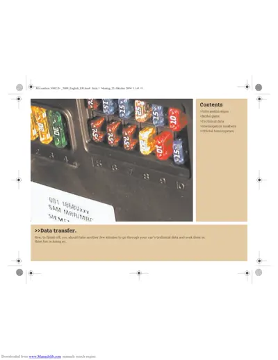 Fuse box photo with colored relay indicators and table of contents for owner manual sections.